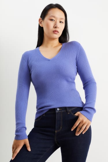 Kobiety - Sweter z linii basic z dekoltem w szpic - prążkowany - purpurowy