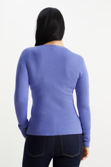 Kobiety - Sweter z linii basic z dekoltem w szpic - prążkowany - purpurowy