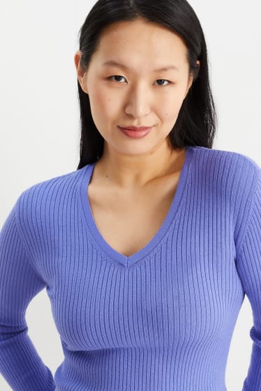 Damen - Basic-Pullover mit V-Ausschnitt - gerippt - lila