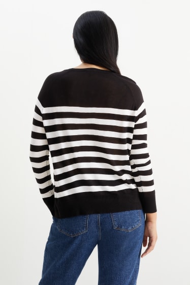 Damen - Basic-Pullover - gestreift - schwarz / weiss