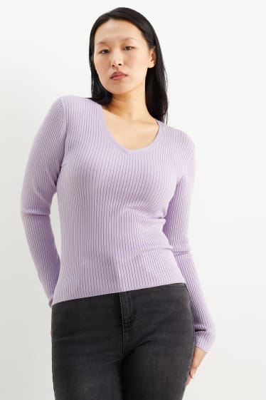 Femmes - Pullover basique à col V - matière côtelée - violet clair