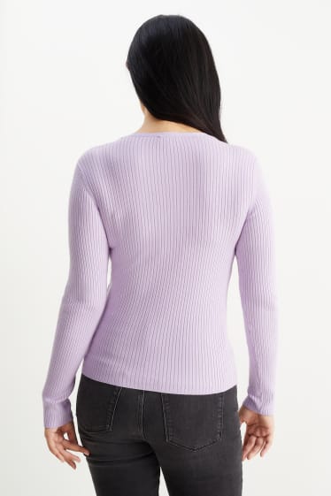 Damen - Basic-Pullover mit V-Ausschnitt - gerippt - hellviolett