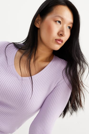 Damen - Basic-Pullover mit V-Ausschnitt - gerippt - hellviolett