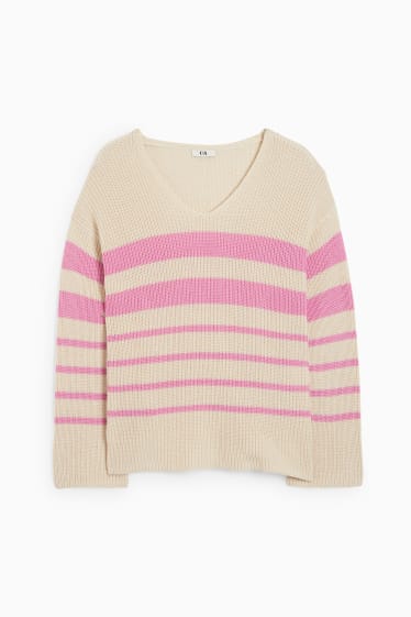 Damen - Pullover mit V-Ausschnitt - gerippt - gestreift - rosa / beige