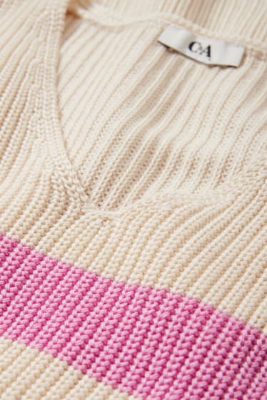 Mujer - Jersey con escote en pico - de canalé - de rayas - rosa / beis