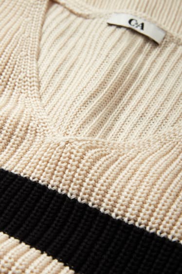 Mujer - Jersey con escote en pico - de canalé - de rayas - beige claro