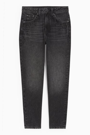 Dámské - Mom jeans se štrasovými kamínky - high waist - džíny - tmavošedé