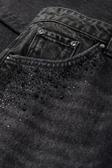 Dámské - Mom jeans se štrasovými kamínky - high waist - džíny - tmavošedé