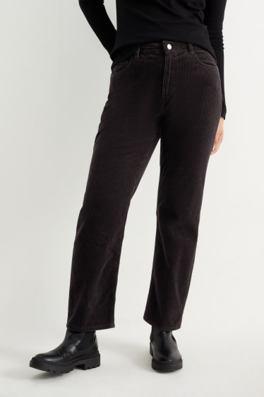 Femei - Pantaloni din catifea reiată - talie înaltă - straight fit - negru