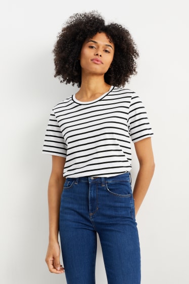 Damen - Basic-T-Shirt - gestreift - weiß