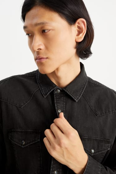 Men - Denim shirt - regular fit - kent collar - black