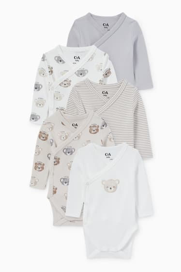 Unisex - Multipack of 5 - teddy bear - baby wrapover bodysuit - cremewhite