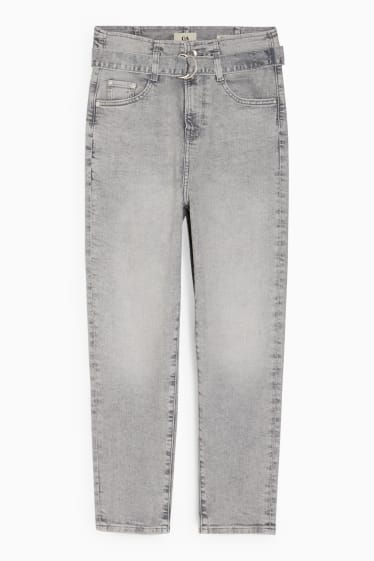 Femmes - Mom jean avec ceinture - high waist - jean gris clair