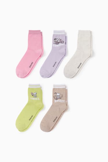 Dames - Set van 5 paar - sokken met motief - Snoopy - paars