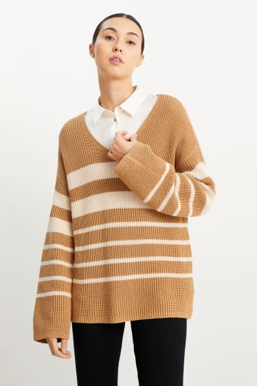 Kobiety - Sweter z dekoltem V - prążki - w paski - brązowoszary