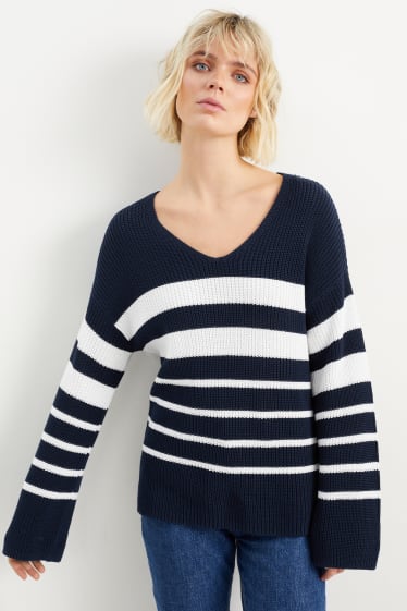 Women - V-neck jumper - ribbed - striped - dark blue