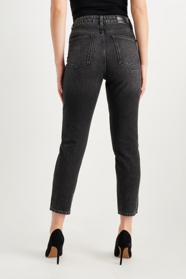 Dámské - Mom jeans se štrasovými kamínky - high waist - džíny - tmavošedé