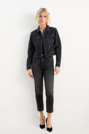 Women - Mom jeans with rhinestones - high waist - denim-dark gray