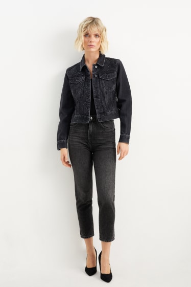 Dámské - Mom jeans se štrasovými kamínky - high waist - džíny - tmavošedé