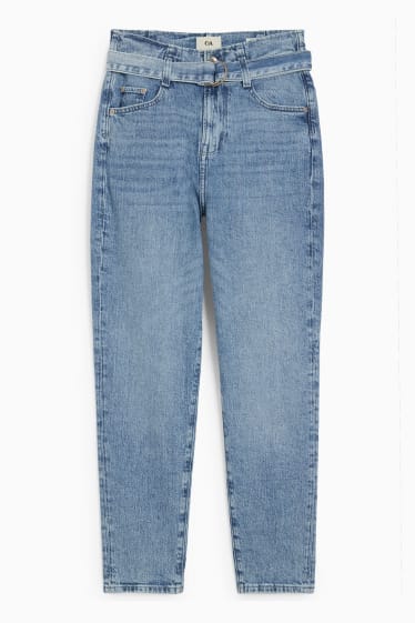 Women - Mom jeans with belt - high waist - LYCRA® - denim-light blue
