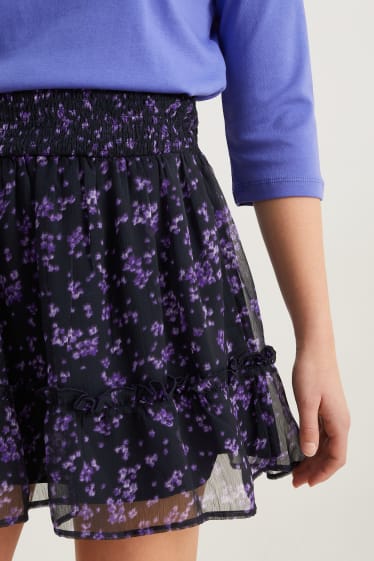 Donna - Minigonna in chiffon - a fiori - blu scuro