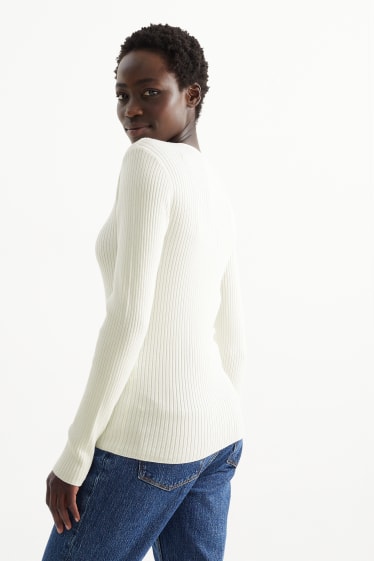 Damen - Basic-Pullover mit V-Ausschnitt - gerippt - cremeweiß