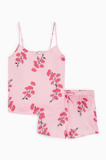 Dámské - Saténové letní pyžamo - s květinovým vzorem - růžová