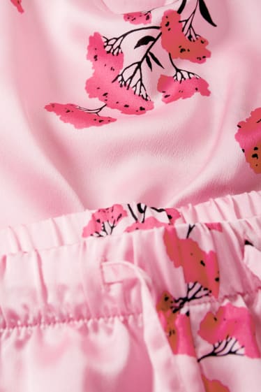 Mujer - Pijama corto de raso - de flores - fucsia