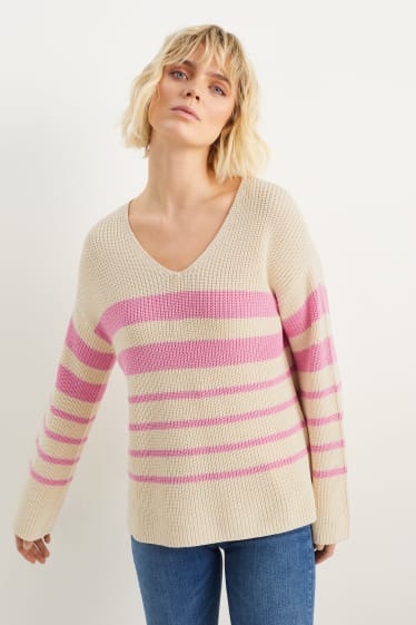 Women - V-neck jumper - ribbed - striped - rose / beige