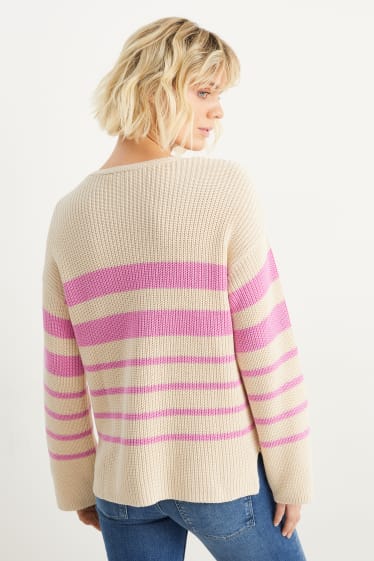 Mujer - Jersey con escote en pico - de canalé - de rayas - rosa / beis
