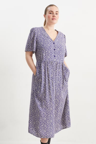Dames - Jurk van viscose, met V-hals - gebloemd - blauw