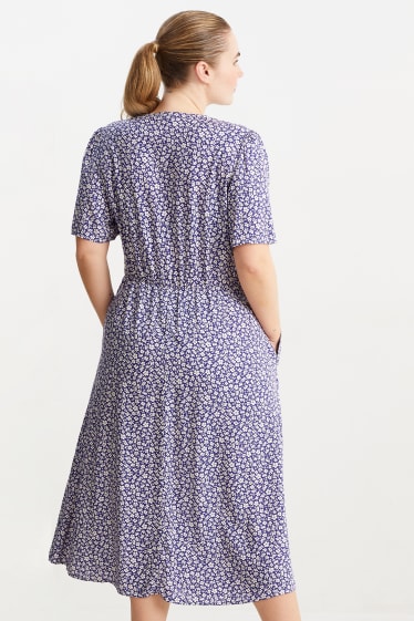 Dames - Jurk van viscose, met V-hals - gebloemd - blauw