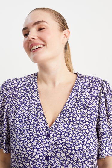 Dames - Jurk van viscose, met V-hals - gebloemd - blauw