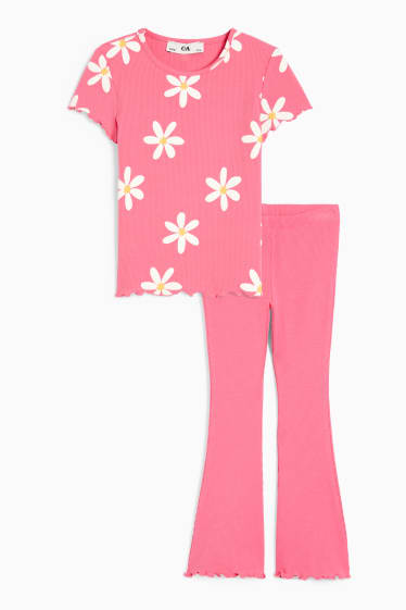 Bambini - Set - maglia a maniche corte e leggings - a fiori - fucsia