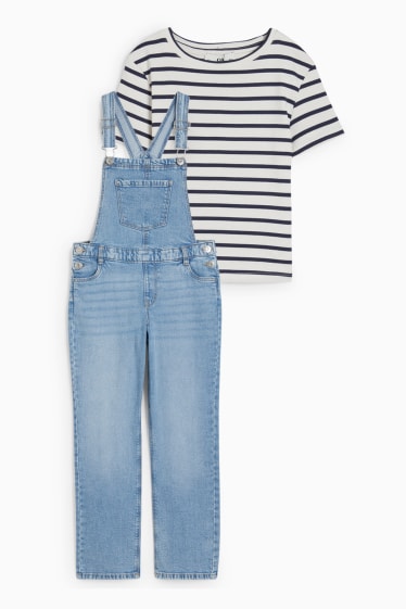 Dětské - Souprava - tričko s krátkým rukávem a džínové kalhoty s laclem - 2dílná - džíny - modré