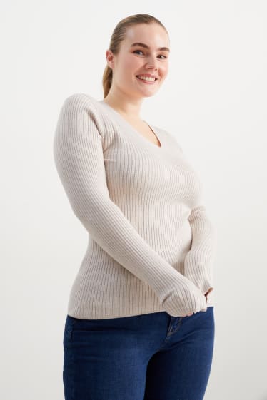 Damen - Basic-Pullover mit V-Ausschnitt - gerippt - hellbeige