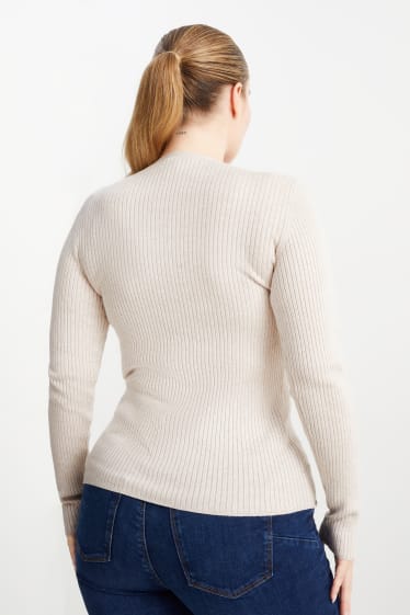 Damen - Basic-Pullover mit V-Ausschnitt - gerippt - hellbeige