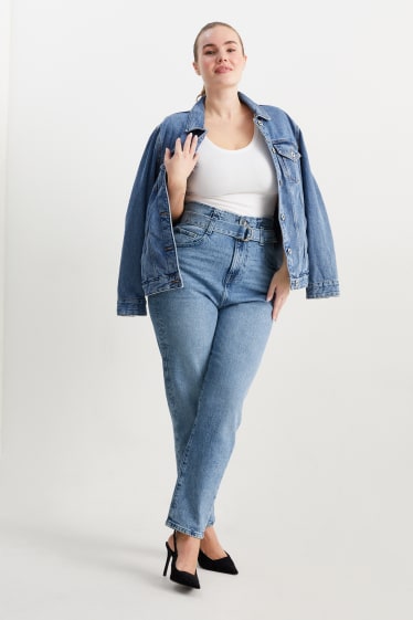 Women - Mom jeans with belt - high waist - LYCRA® - denim-light blue