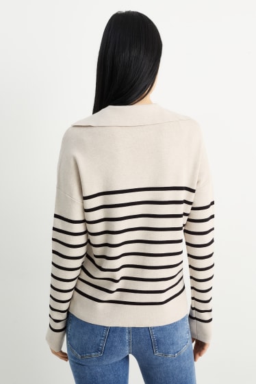 Women - Basic V-neck jumper - striped - light beige