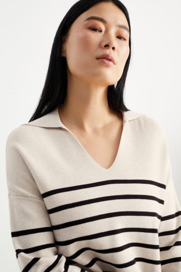Mujer - Jersey básico con escote en pico - de rayas - beige claro