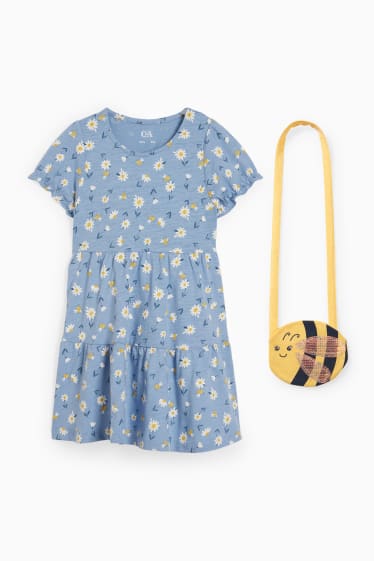 Dzieci - Zestaw - sukienka i torebka - 2 części - w kwiaty - niebieski