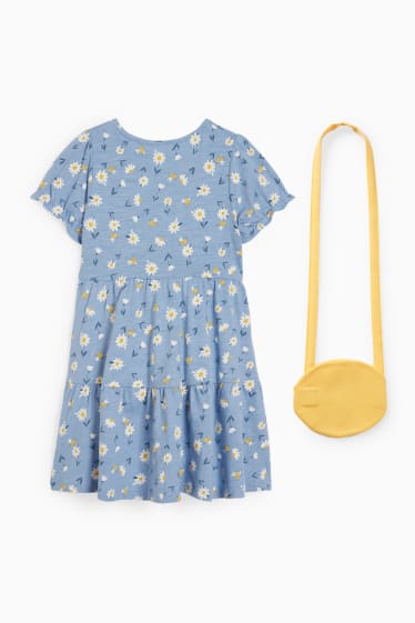Dzieci - Zestaw - sukienka i torebka - 2 części - w kwiaty - niebieski