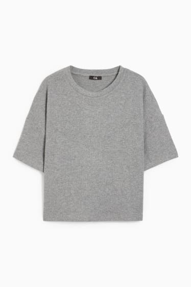 Dámské - Pletený svetr - s krátkým rukávem - šedá-žíhaná