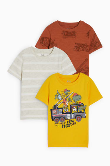 Children - Multipack of 3 - fire engine - short sleeve T-shirt - yellow