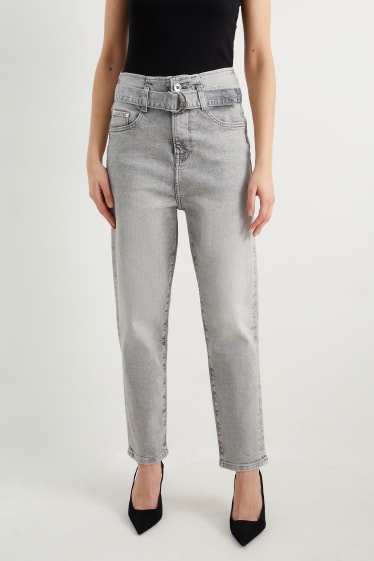 Mujer - Mom jeans con cinturón - high waist - vaqueros - gris claro