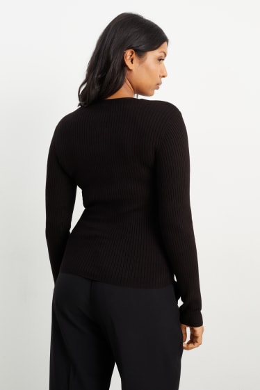 Femmes - Pullover basique à col V - matière côtelée - noir