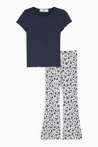 Kinder - Blume - Set - Kurzarmshirt und Flared Leggings - 2 teilig - dunkelblau