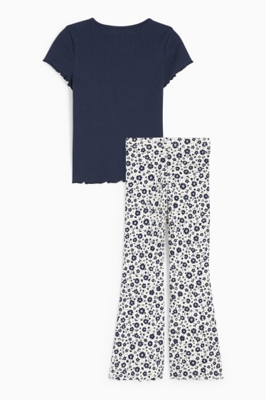 Kinderen - Bloemen - set - T-shirt en flared legging - 2-delig - donkerblauw