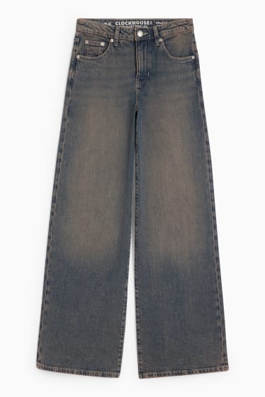 Women - Wide leg jeans - mid-rise waist - denim-brown