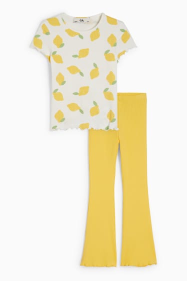 Kinder - Zitrone - Set - Kurzarmshirt und Flared Leggings - 2 teilig - weiss / gelb